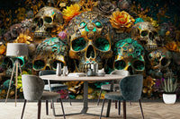 Close-up of gothic skulls and colorful flowers on wall mural

