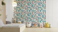 Calming pink and blue tones in Wild Roses wallpaper

