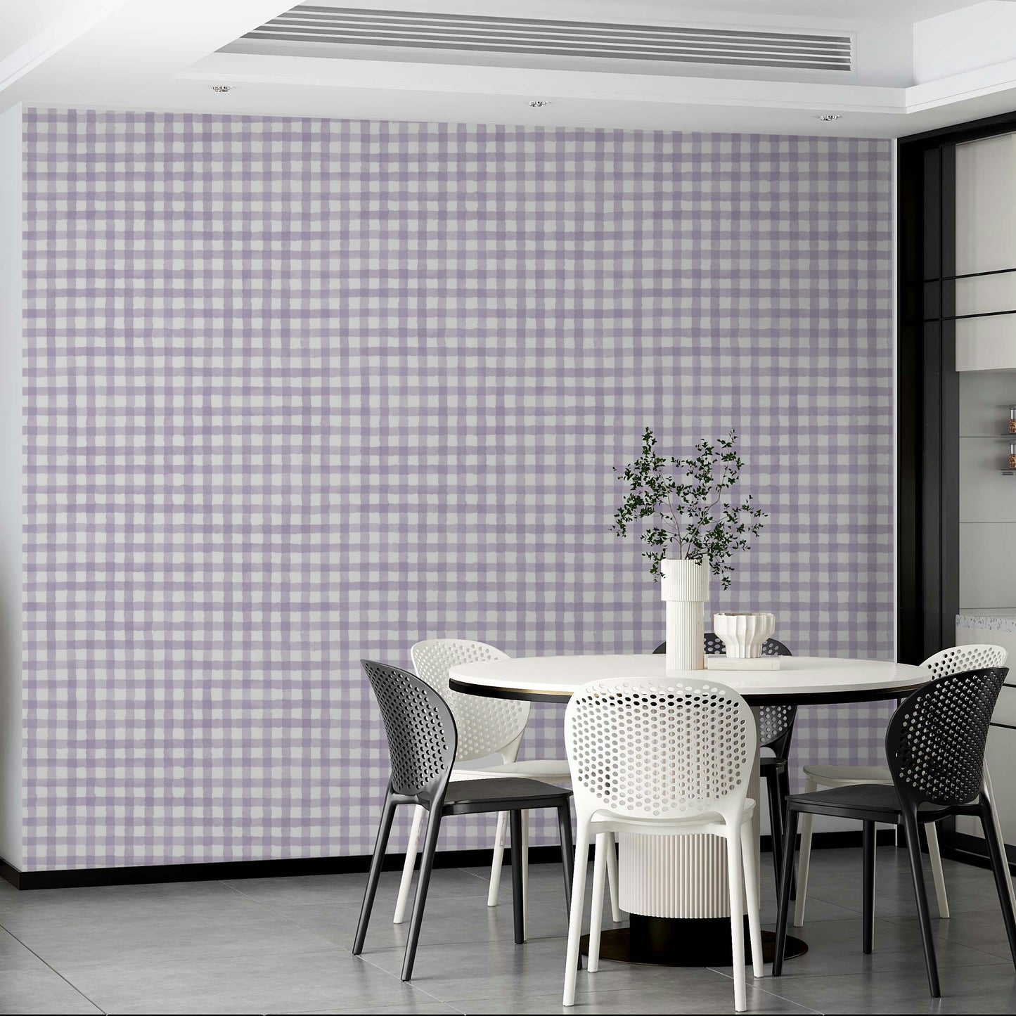 Farmhouse checkered mural in violet tones
