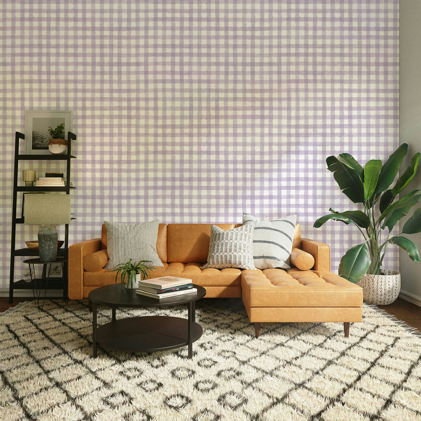 Watercolor gingham wall mural in soft violet
