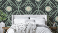 Bold floral mural wallpaper in sage and charcoal

