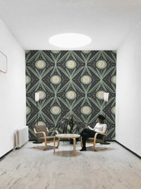 Bedroom with sage and charcoal floral wall mural

