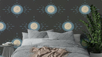 Folk Bloom Light Dusty Blue Cream Wallpaper with geometric floral motifs

