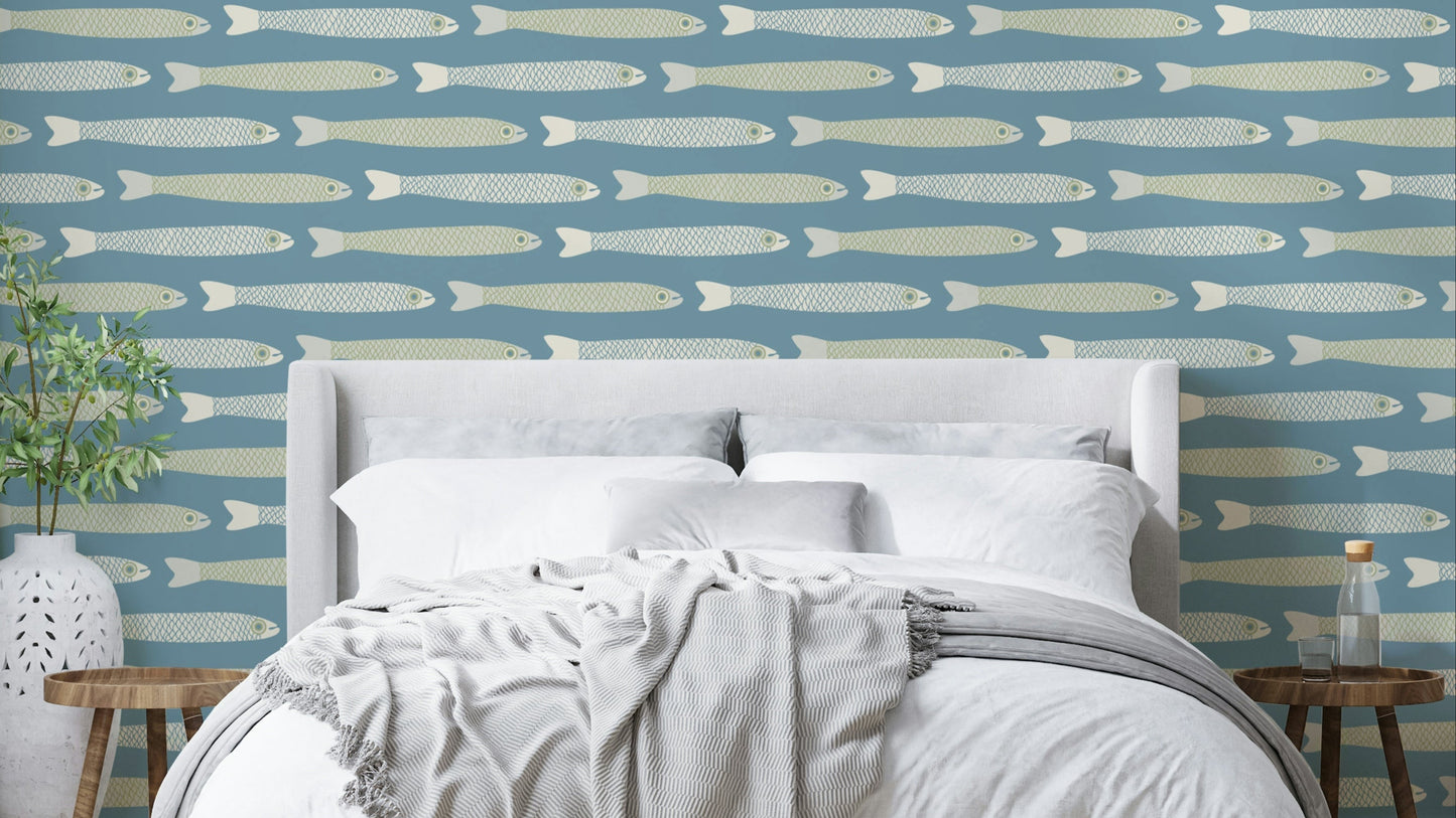 Anchovies Retro Fish Wallpaper with cream and sage green fish

