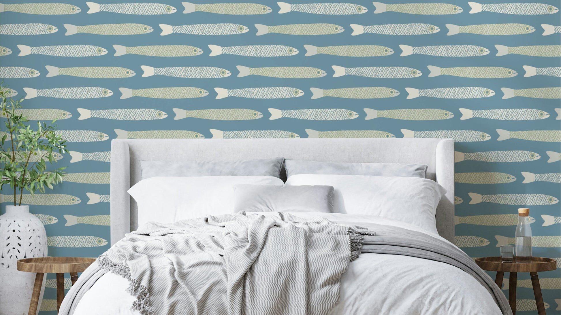 Anchovies Retro Fish Wallpaper with cream and sage green fish

