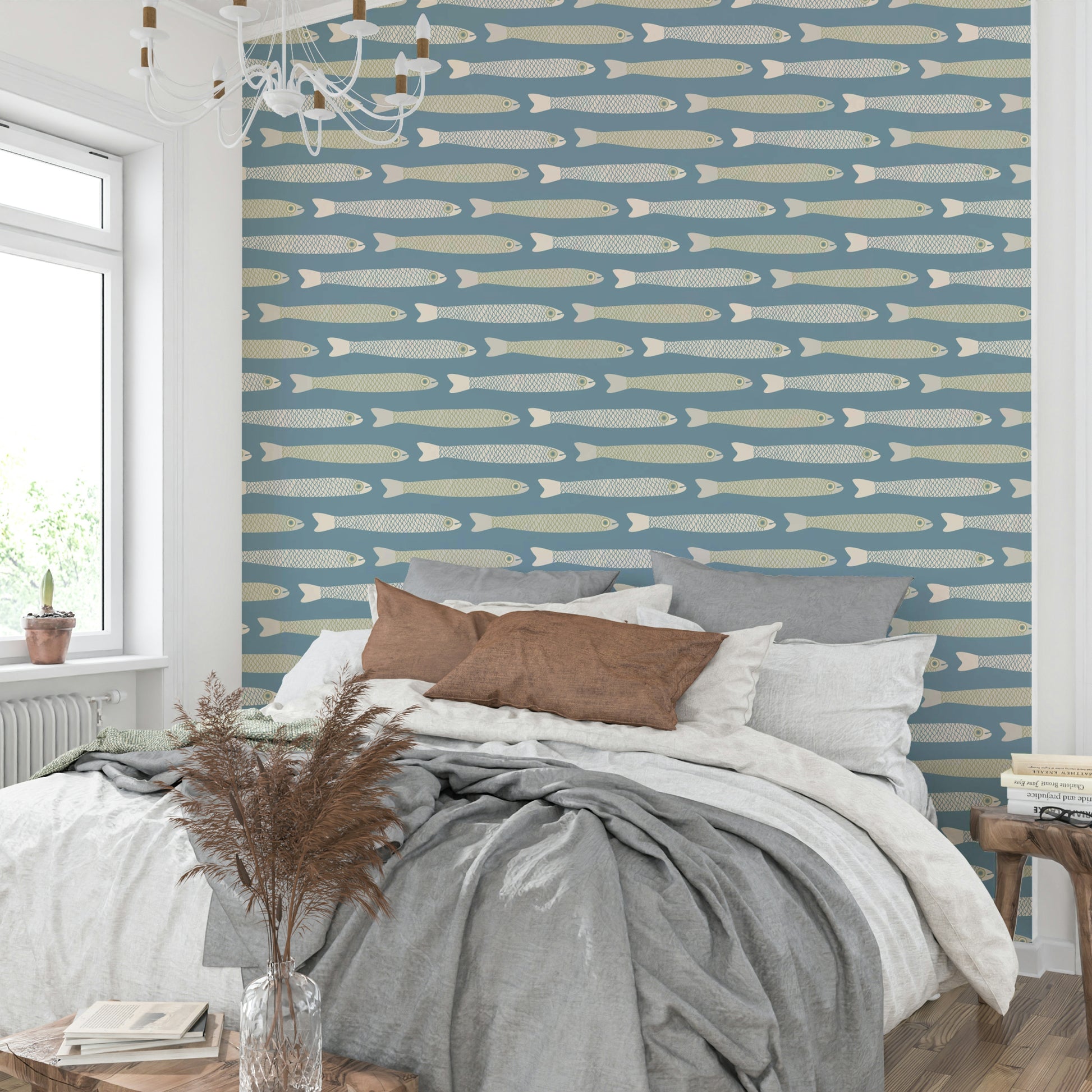 Cream and sage green fish wallpaper bringing a playful feel to your room

