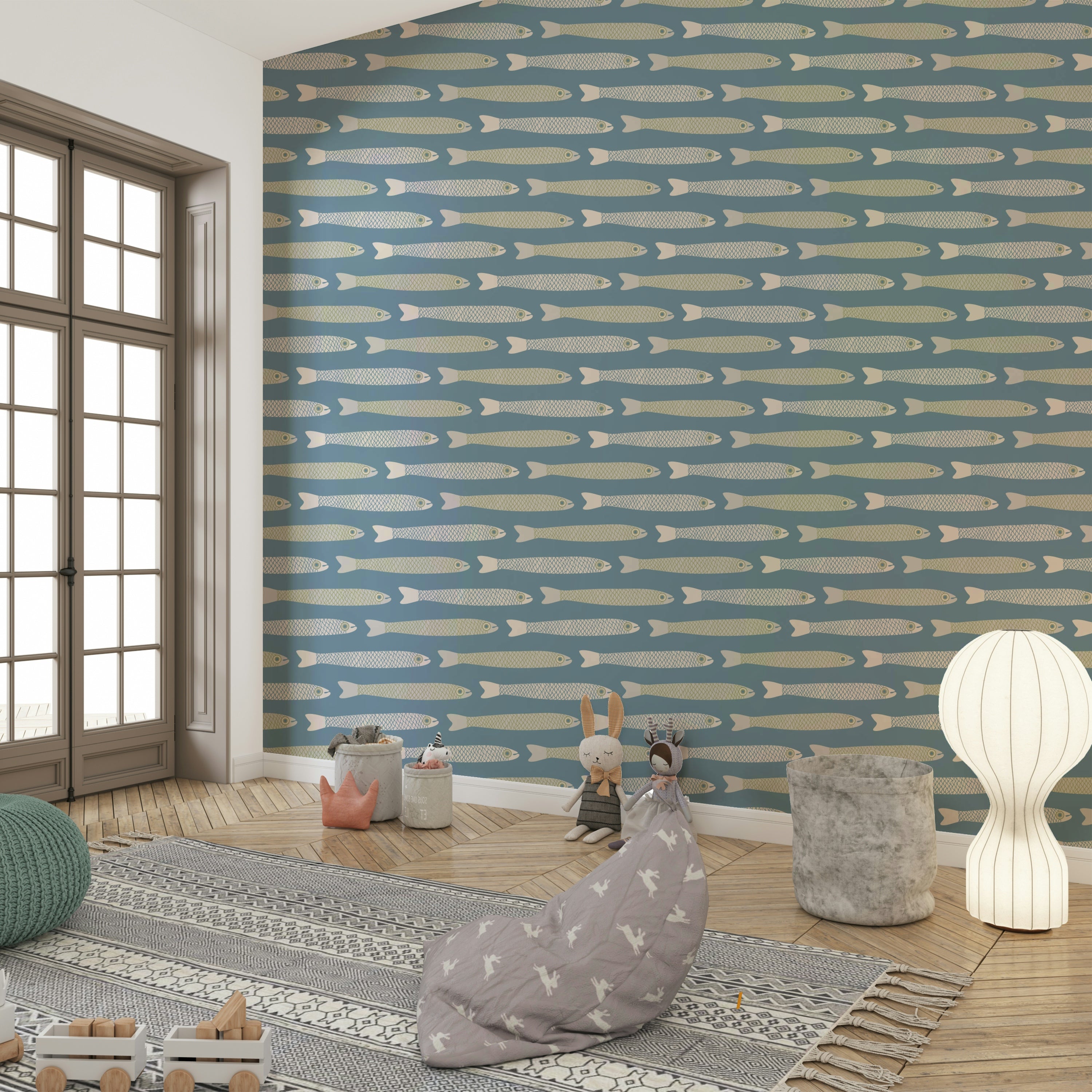 Stylish retro fish wallpaper with a calming cream and sage palette

