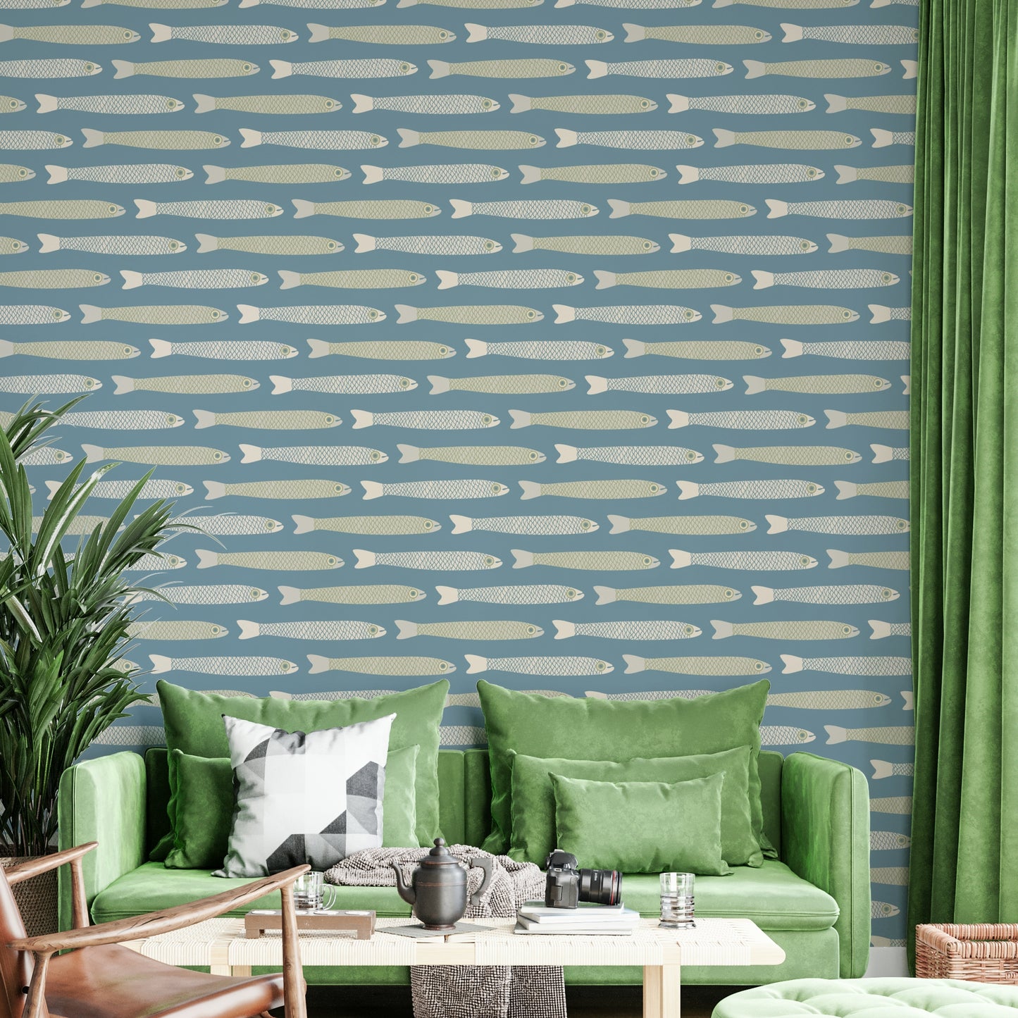 Light blue wallpaper with whimsical fish design for coastal-themed spaces

