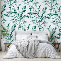 Botanical-inspired wall mural with a stamp-like design

