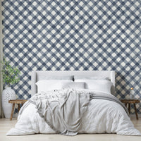 Blue gingham wallpaper for a cozy, holiday-inspired space

