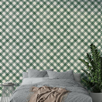 Classic gingham design with dark green tones in hand-painted wallpaper

