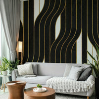 Striking black and white mural with clean, geometric patterns

