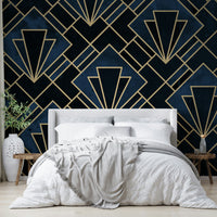 Intricate geometric pattern in navy and gold for feature wall

