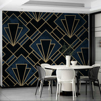 Stunning navy blue mosaic wall mural with golden geometric design

