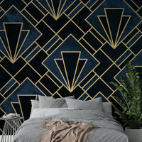 Deep navy and gold accents in geometric mosaic pattern mural

