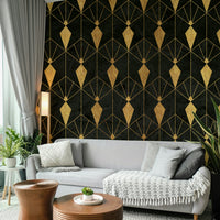 Stunning Art Deco mural with sharp lines and gold accents

