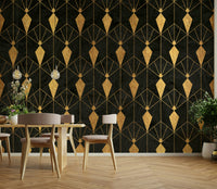 Opulent geometric mural in black and gold for a luxurious room

