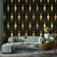 Intricate black and gold Art Deco wall mural for a bold effect

