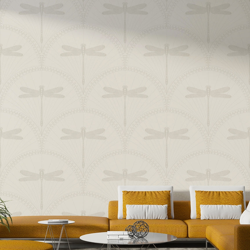 Shimmering dragonfly wallpaper with geometric Art Deco motifs

