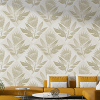 Soft protea flower print wallpaper with a timeless stamp design

