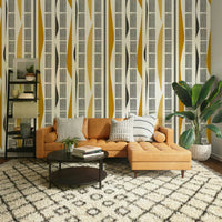 Geometric abstract wallpaper in soft hues of stripes and curves

