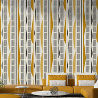 Artistic wall design featuring bold stripes and flowing shapes

