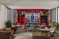 Classic red and black cafe design with street-side charm

