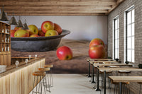 Cozy, inviting wallpaper with apples and wooden textures

