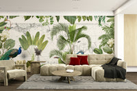 Old-world map wallpaper with lush foliage