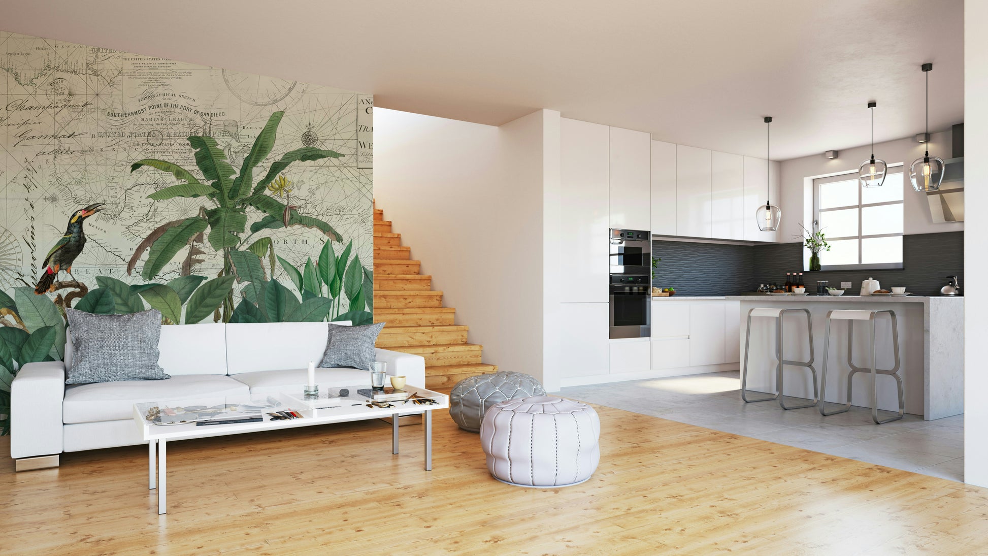 Wall mural with explorer-style chart and jungle

