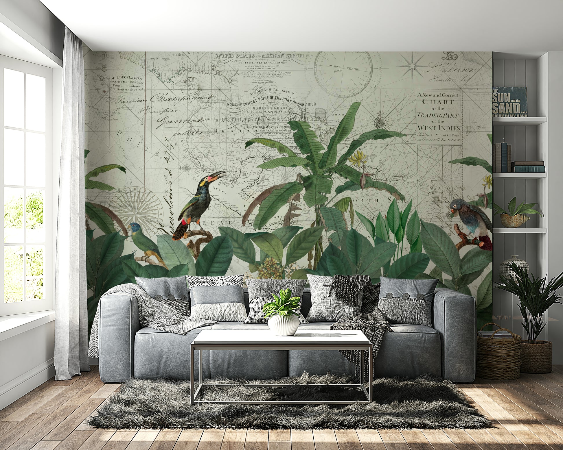 Birds and leaves mural with vintage map background