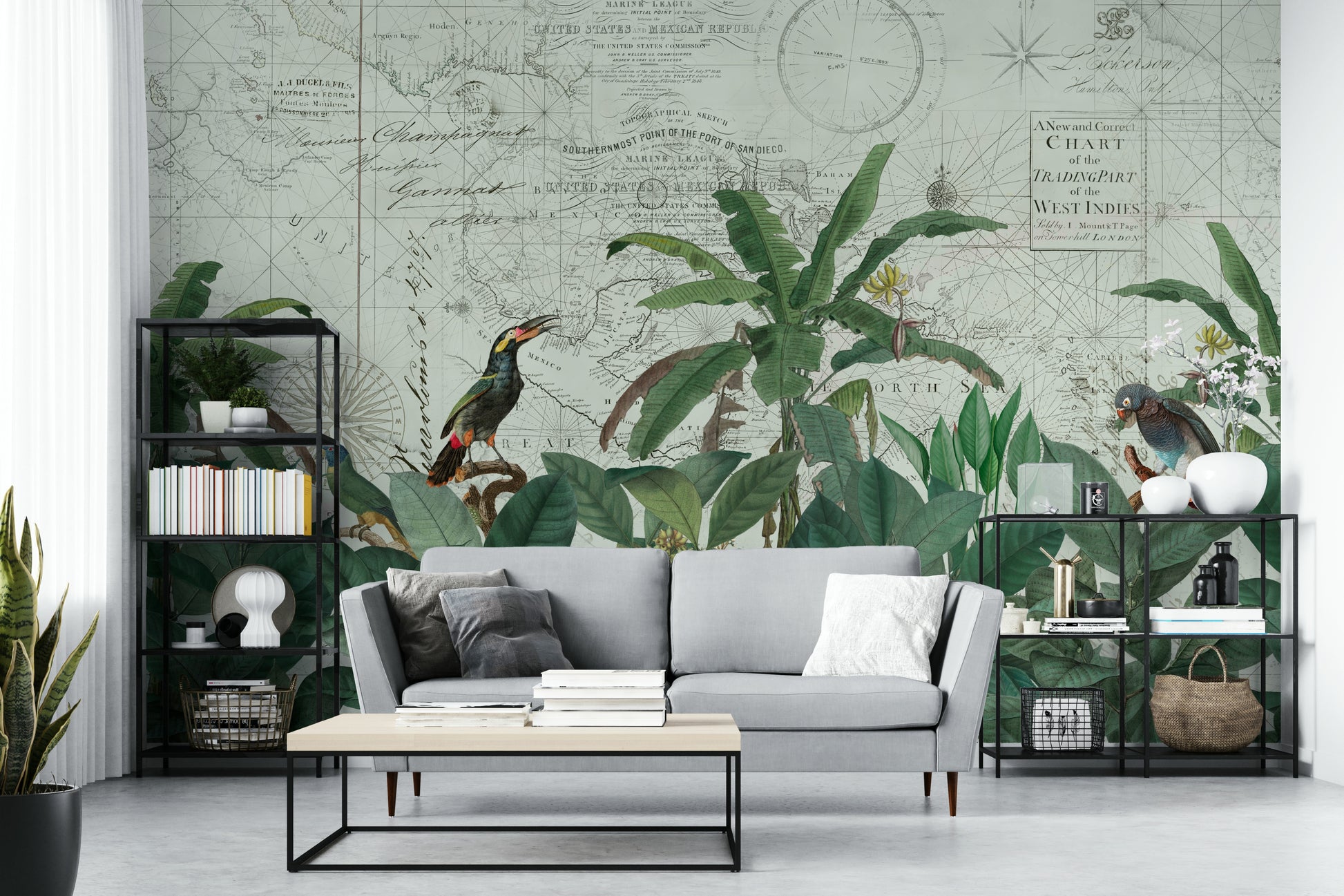 Antique world map with tropical foliage