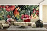 Hand-drawn hibiscus and foliage wall mural

