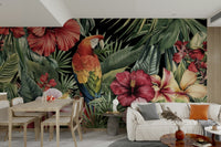 Retro tropical mural wallpaper in deep tones
