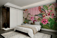 Playful bird and flower wallpaper design

