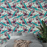 Peacock and feather pattern on blue background

