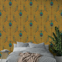 Metallic feather wallpaper in gold

