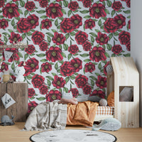 Botanical wallpaper with detailed red flowers

