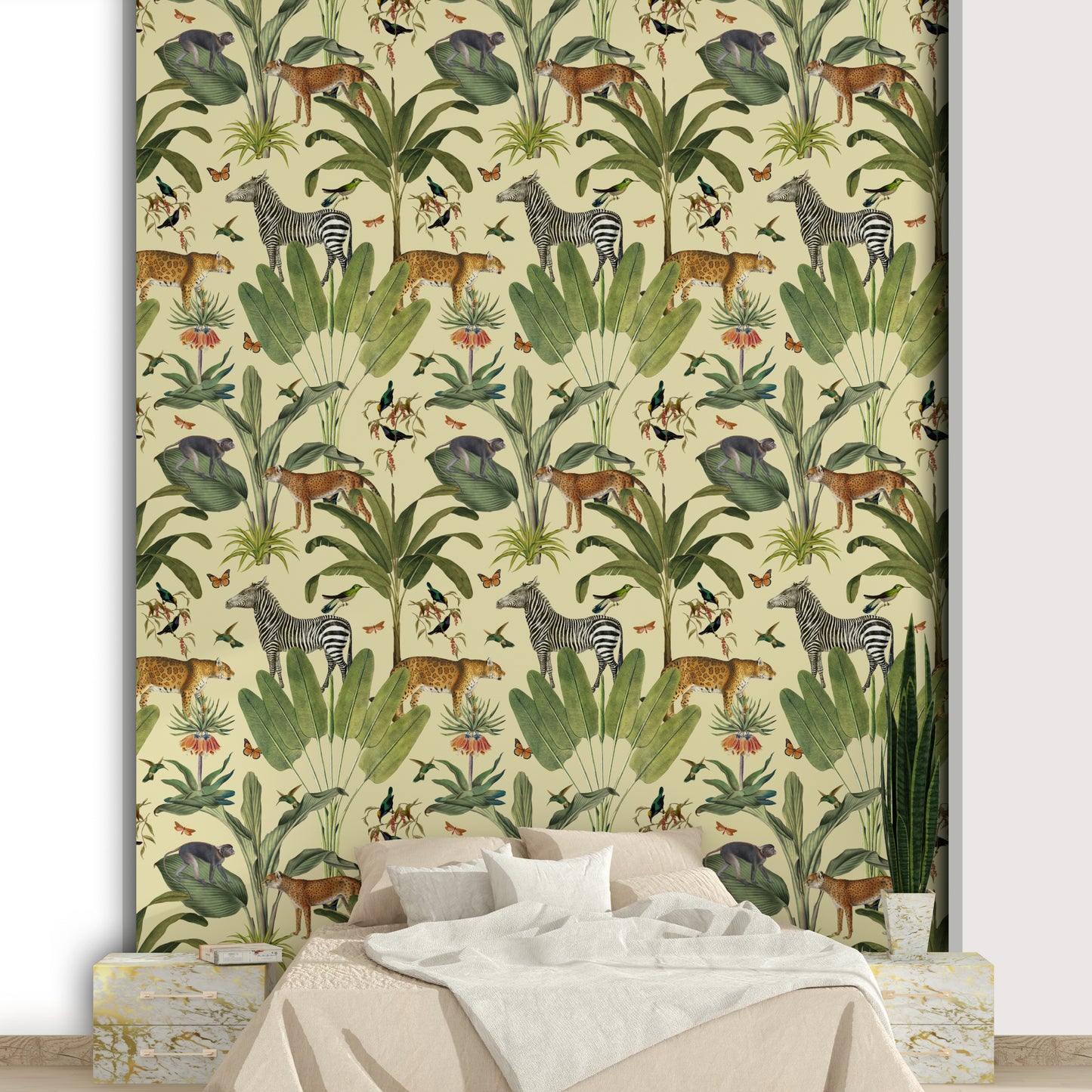 Wildlife-themed botanical wall mural

