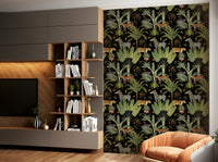 Botanical safari-themed wallpaper in dark tones