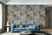 Monochrome beige mural wallpaper with sea plants

