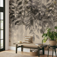 Soft beige and grey foliage mural wallpaper

