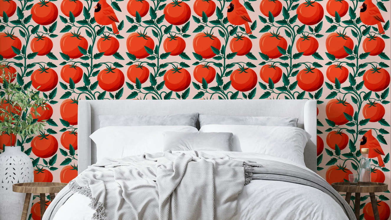Bright red tomato wallpaper for kitchen

