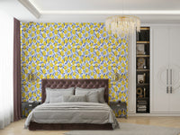 Bright citrus wallpaper with blue leaves

