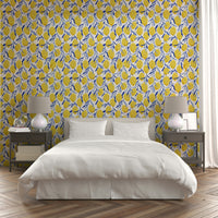 Whimsical wallpaper with lemons and bird

