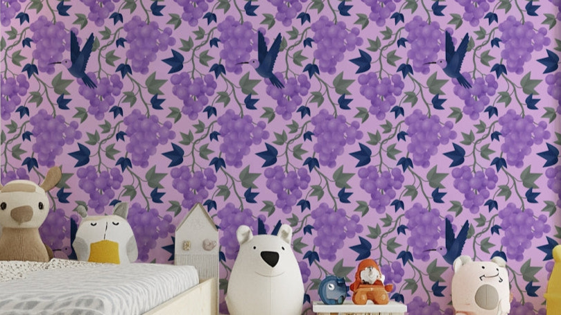 Hummingbird mural wallpaper with grapes

