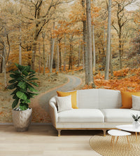 Autumn hues on forest road wall design

