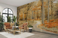 Road through trees with autumn leaves mural

