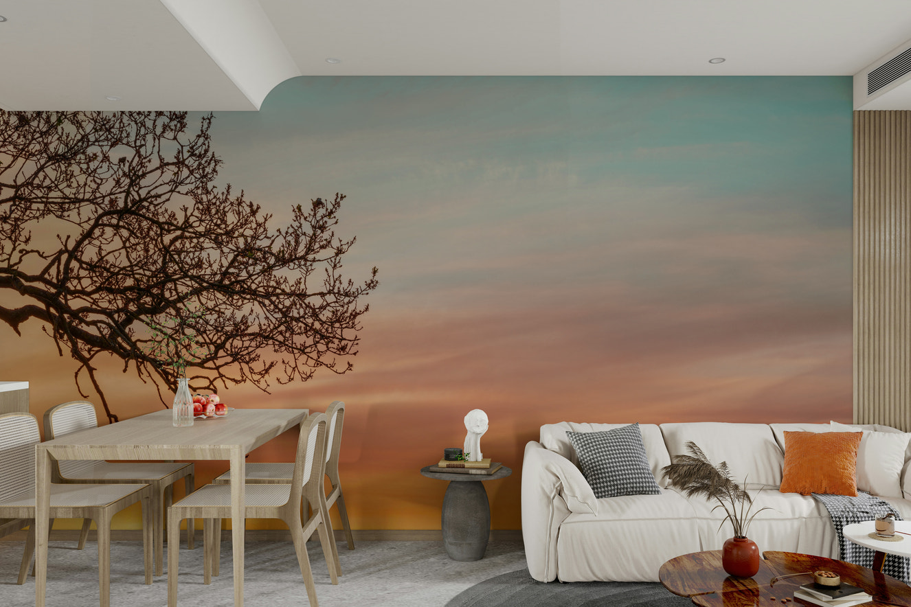 Sunset with tree branch silhouette mural

