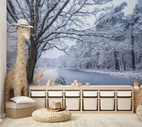 Serene snowy path wallpaper for calm rooms

